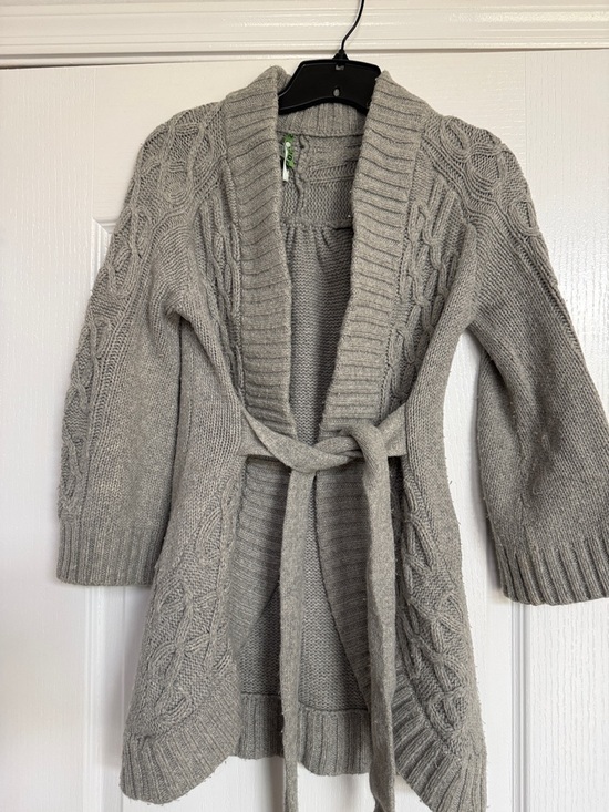 Beth Bowley Sweaters - Beth Bowley Light Gray Cable-Knit Belted Cardigan